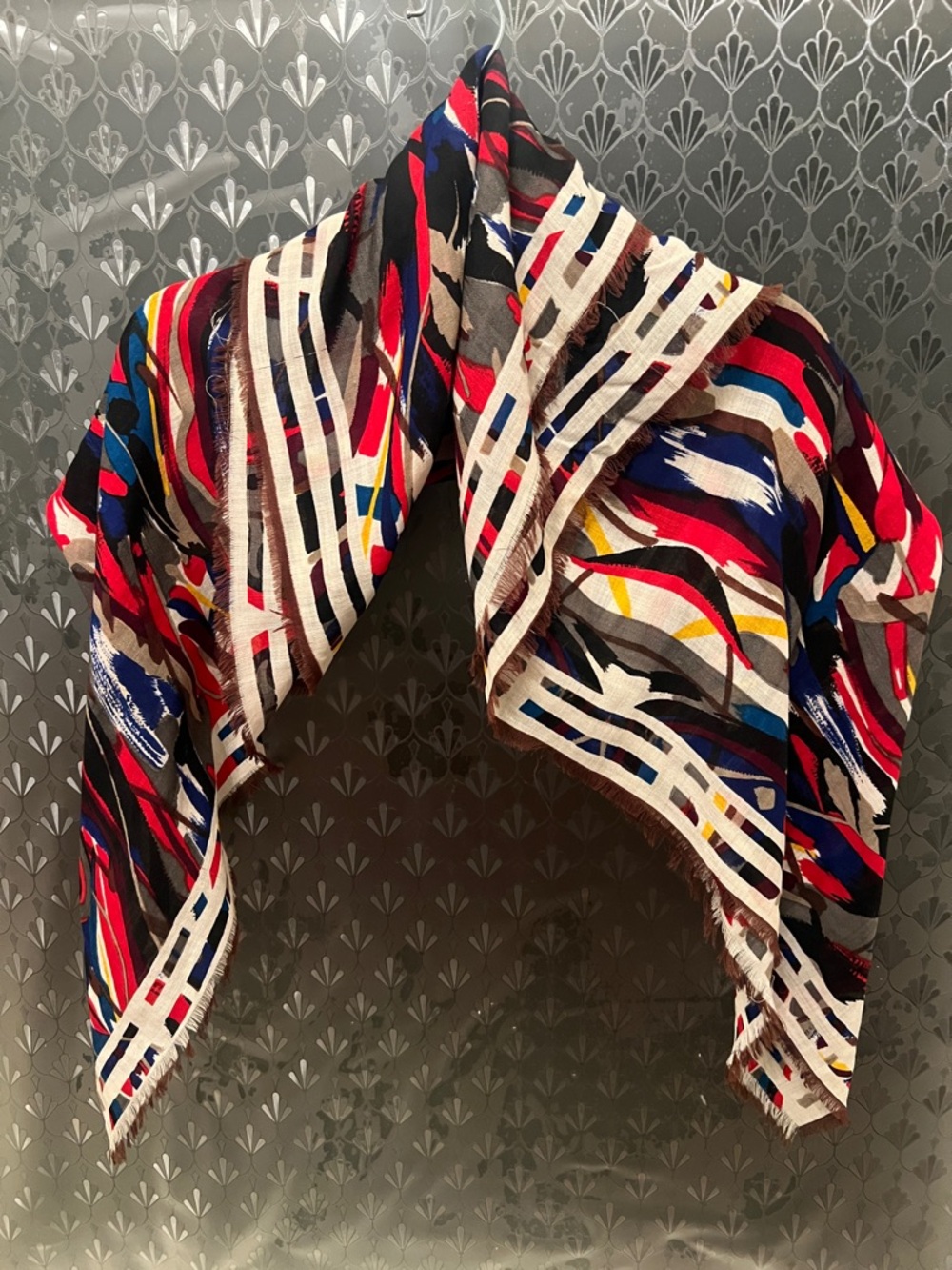 Albert Nipon Abstract Multicolor Scarf with Cream Trim